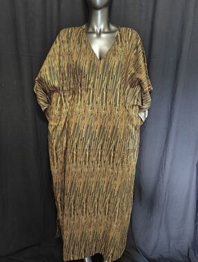 Gold and Black Textured V-Neck Kaftan Dress